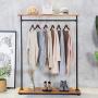 HANS CAO Heavy Iron Wood Clothes Rack, Garment Hanger, Floor Display Stand with Storage Shelf, Shoe Bag Display Rack, Retail Display Clothing Racks with Shelves