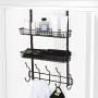 Coat Hook Metal Storage Rack with 2 Baskets & 5 Hooks Over The Door Organizer Decorative for Office, Bathroom, Bedroom