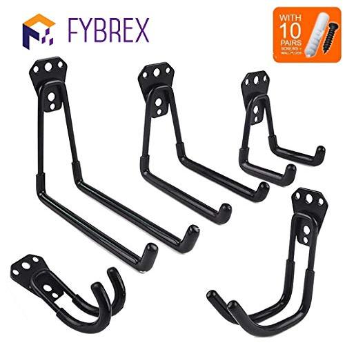 5pcs Heavy Duty Wall Hooks for Garage Storage System Kitchen Organizer, Multi-Size Clip Hook Hanger Holder for Hanging Ladder Weed Eater Extension Cord Shovel Hose Garden Tool, Mount Screws Included