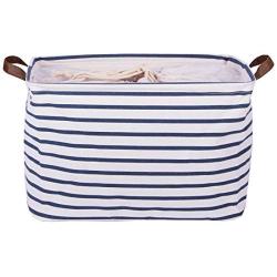 DOKEHOM 15-Inches Large Storage Basket (Available 15 and 17 InchesWidth), Drawstring Square Cotton Linen Collapsible Toy Basket (Blue Strips, M)