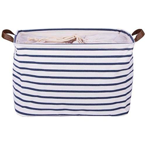 DOKEHOM 15-Inches Large Storage Basket (Available 15 and 17 InchesWidth), Drawstring Square Cotton Linen Collapsible Toy Basket (Blue Strips, M)