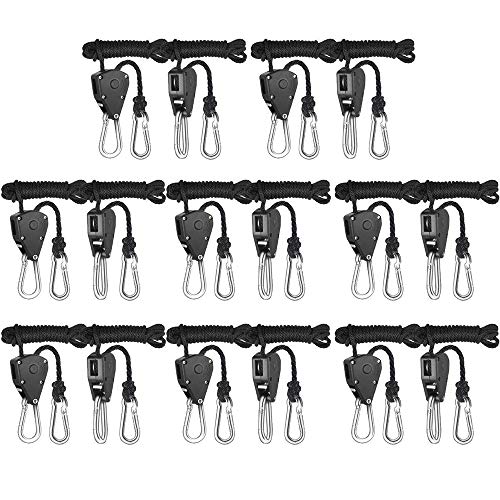 Rope Clip Hanger, Sopito 8 Pairs 1/8 inch Adjustable Heavy Duty Rope Hanger - Reinforced Metal Internal Gears Ratchets, Loose-Proof Design, 8-ft Long & 150lbs Weight Capacity