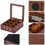 Fonture Wood Tea Store Box, Teabag Storage 9 Compartments Wooden Tea Boxes Hinged Glass Lid Tea Organizer-Brown