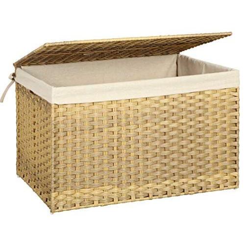 SONGMICS Storage Boxes with Cotton Liner, Rattan-Style Storage Basket, Laundry Hamper with Lid and Handles, for Bedroom Closet Laundry Room, 29.9 x 17.7 x 18.1 Inches, Natural URST76NL