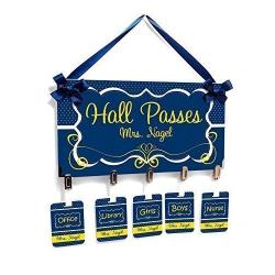 navy blue and yellow polka dots School Hall Passes with Hanger Clip