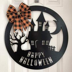 Happy Halloween Door Hanger - Spooky Halloween Door Sign - Haunted House Halloween Door Sign - Creepy Door Sign - Wood Halloween Wreath