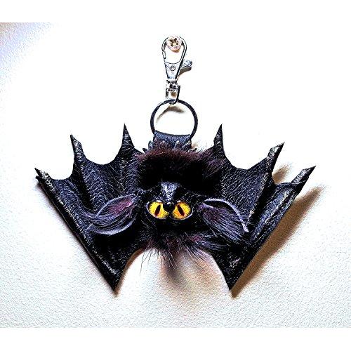 Leather, real fur bag charm. Black leather 3D bat. Gothic fashion key chain. Charm hanger, Purse charm, Key charm, Car accessories