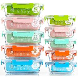 [10-Pack] Glass Food Storage Containers (A Set of Five Colors), Meal Prep Containers with Lids for Kitchen, Home Use - Airtight Glass Lunch Boxes