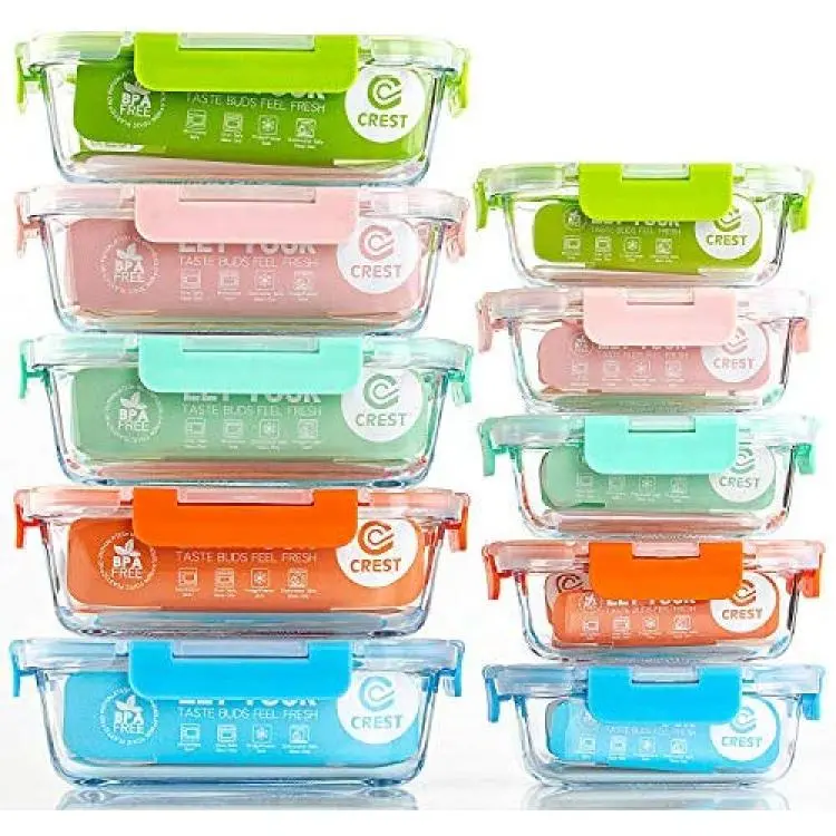 10-Pack] Glass Food Storage Containers (A Set of Five Colors), Meal Prep  Containers with Lids