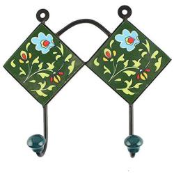 Indianshelf Handmade 1 Artistic Vintage Green Ceramic Floral Key Hooks Tile Hanger/Key Holder for Wall Decorative