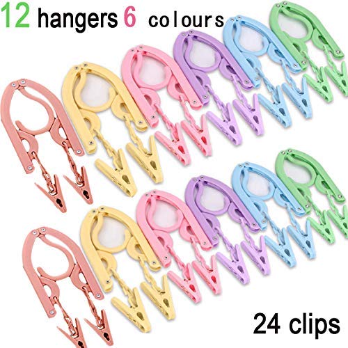 YOUOWO Travel Hangers with Clips Portable Folding Clothes Hangers 12 pcs with 24 pcs Hanger Clips for Scarves Suits Trousers Pants Shirts Socks Underwear Travel Home Foldable Clothes Drying Rack