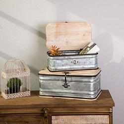 Glitzhome Farmhouse Set Metal/Wooden Boxes Galvanized Storage Chests Small and Large