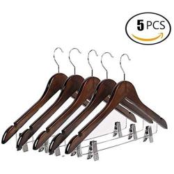 Emango Wooden Pant Hanger, 10-Pack Natural Finish Wooden Suit Hangers with Steel 2-Adjustable Clips and Anti-rust Hooks, Skirt Hangers, Standard Clothes Hangers