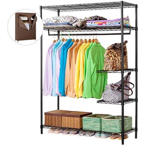 LANGRIA Heavy Duty Wire Shelving Garment Rack Clothes Rack, Portable Clothes Closet Wardrobe,Compact Zip Closet, Extra Large Wardrobe Storage Rack/Organizer, Hanging Rod,Capacity 420 lbs, Dark Brown