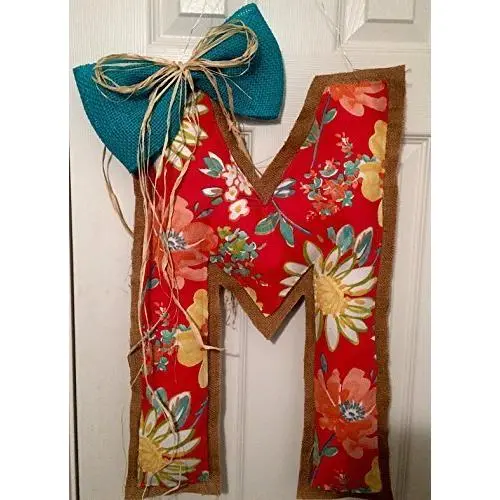 Bright Red floral print and Burlap Initial Door Hanger with layered bow