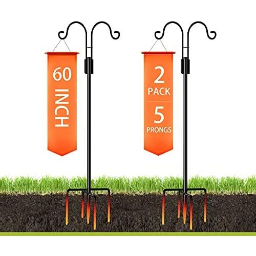 XDW-GIFTS Double Shepherds Hooks for Outdoor, 60 Inch Heavy Duty Two Sided Garden Pole for Hanging Bird Feeder, Plant Baskets, Solar Light Lanterns, Garden Plant Hanger Stands with 5 Base Prongs