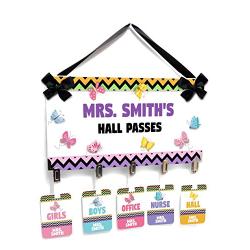 School Rooms Hall Passes with Hanger, Colorful Butterflies with Chevron