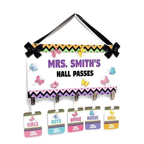 School Rooms Hall Passes with Hanger, Colorful Butterflies with Chevron