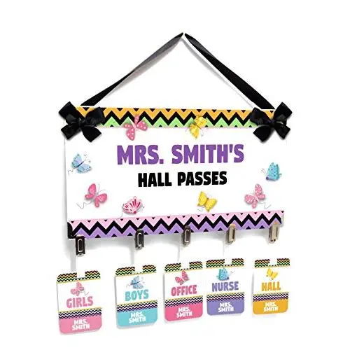 School Rooms Hall Passes with Hanger, Colorful Butterflies with Chevron