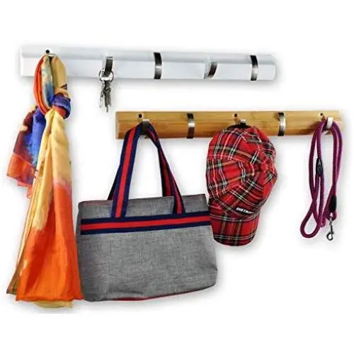 Spiretro Set of 2 Wall Mount 22 inch Flip Bamboo Coat Rack, 5 Retractable Metal Hooks Organize Hang Cloths Hat Scarfs Purses for Entryway Foyers Hallways Bedrooms Bathroom Office, Beige White Nickel Spiretro Set of 2 Wall Mount 22 inch Flip Bamboo Coat Rack, 5 Retractable Metal Hooks Organize Hang Cloths Hat Scarfs Purses for Entryway Foyers Hallways Bedrooms Bathroom Office, Beige White Nickel