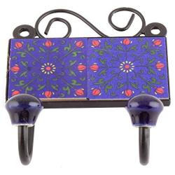 Indianshelf Handmade 1 Artistic Vintage Blue Ceramic Flower Wall Tile Hooks Hangers/Hooks for Hanging Towels