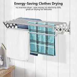 X-cosrack Folding Clothes Drying Rack Wall Mount, Large Retractable 304 Stainless Steel Laundry Drying Rack/Bathroom Towel Rack with Hooks, Rustproof Space-Saving Clothes Hanger for Indoor Outdoor