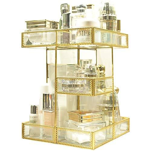 360 Degree Rotation Makeup Organizer Antique Countertop Cosmetic Storage Boxes Mirror Glass Beauty Display, Gold Spin Large Capacity Holder for Brushes Lipsticks Skincare Toner