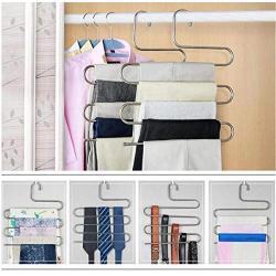 5pcs Stainless Steel Clothes Hanger Multifunction S-Type 5 Layers Pants Trousers Clothing Hanging Rack Closet Belt Holder Organizer