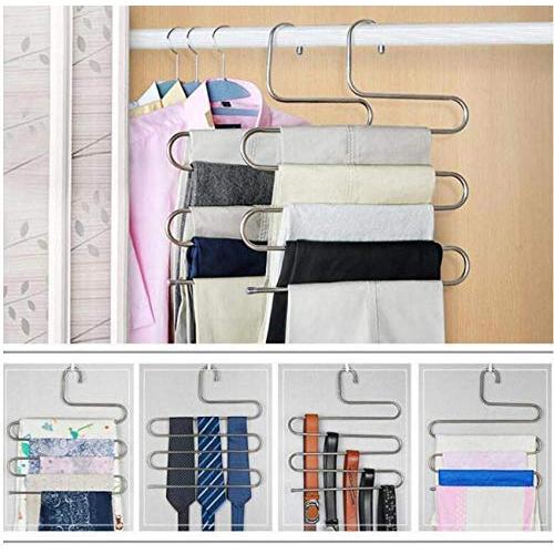 5pcs Stainless Steel Clothes Hanger Multifunction S-Type 5 Layers Pants Trousers Clothing Hanging Rack Closet Belt Holder Organizer