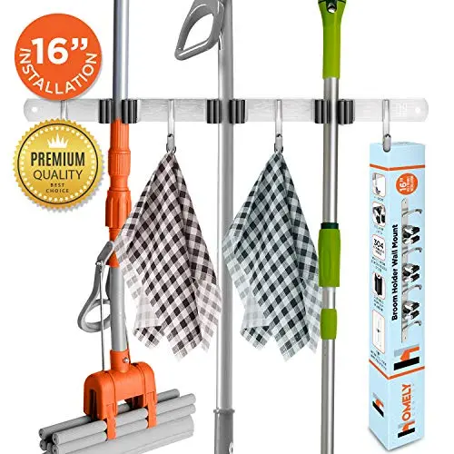 Broom Mop Holder Wall Mount | 16" No Slide Wall Stud Installation | Organization Hanger with 3 Unit Clamps & 4 Utility Hooks for Closet, Garage, Kitchen, Storage | Mounted Tool Rack Organizer (2-Pack) Broom Mop Holder Wall Mount | 16" No Slide Wall Stud Installation | Organization Hanger with 3 Unit Clamps & 4 Utility Hooks for Closet, Garage, Kitchen, Storage | Mounted Tool Rack Organizer (2-Pack)