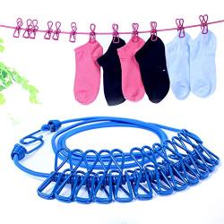 junshi11 Portable Travel Clothes line Hanger Outdoor Camping Hiking Laundry Clothing Drying Rope with 12 Clips Blue