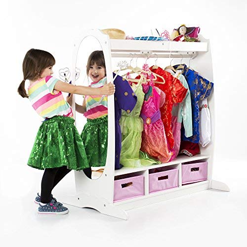 Guidecraft Dress Up Storage ? White: Dramatic Play Costume Rack with Mirror and Tray for Toddlers - Kids Armoire, Dresser with Fabric Storage Bins