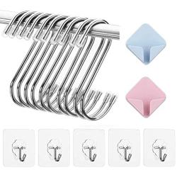 ORYXBOOST 17Packs Adhesive Hook Kitchen Wall Hook- 10Pcs Heavy Duty S Hooks, 5Pcs Coat Hooks, 2Pcs Plastic Adhesive Hooks for Plugs Toothbrush (17PCS - Silver)