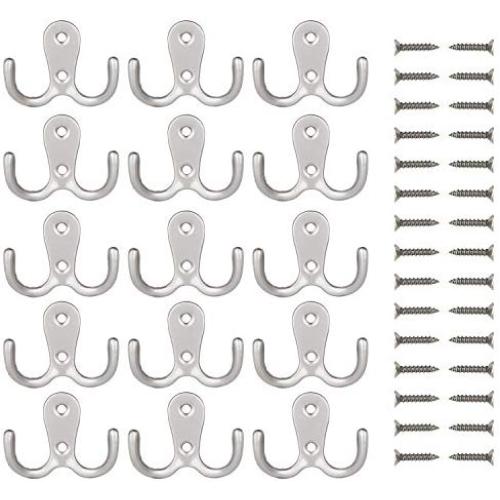 eBoot 15 Pieces Double Prong Robe Hook Retro Cloth Hanger with 30 Pieces Screws (Silver)