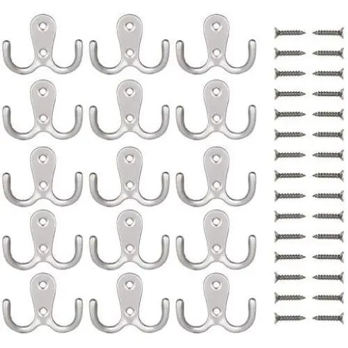 eBoot 15 Pieces Double Prong Robe Hook Retro Cloth Hanger with 30 Pieces Screws (Silver)