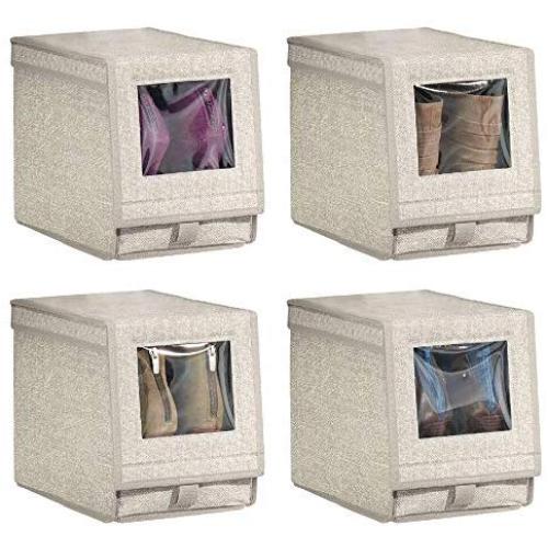 mDesign Fabric Home Storage Boxes Bin - Clear Window, Hinged Lid - Holder for Mens and Womens Dress Shoes, Boots, Pumps, Sandals, Flats - Modern Closet Organizer Solution - Medium, 4 Pack - Linen/Tan