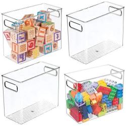 mDesign Plastic Toy Boxes Storage Organizer Tote Bin with Handles for Child/Kids Bedroom, Toy Room, Playroom - Holds Action Figures, Crayons, Building Blocks, Crafts - 4 Pack - Clear