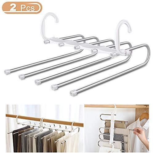 WAOU Massy Pants Hangers Multi-Layer Hanging Pants 5 in 1 Pants Rack Stainless Steel Pants Hangers Folding Storage Rack Space Saver Storage for Trousers Scarf Tie Belt Adjustable(2 Pack) …