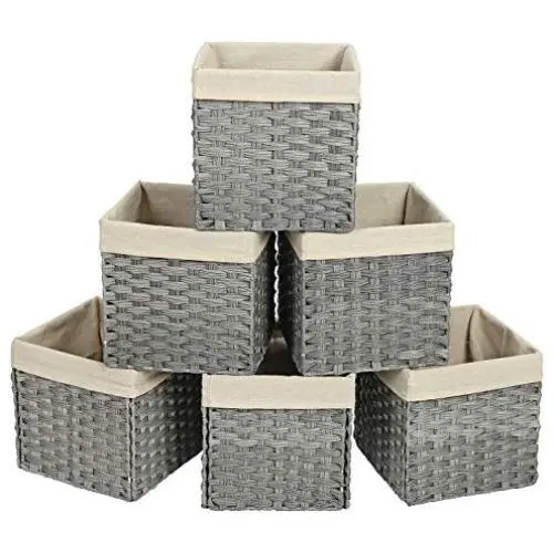 SONGMICS Handwoven Storage Baskets, Foldable Cube Storage Bins with Handles, Set of 6 Rattan-Style Storage Cubes for Shelf, for Bedroom Closet Laundry Room, 11.6 x 11.6 x 11.6 Inches, Gray URRB306WG SONGMICS Handwoven Storage Baskets, Foldable Cube Storage Bins with Handles, Set of 6 Rattan-Style Storage Cubes for Shelf, for Bedroom Closet Laundry Room, 11.6 x 11.6 x 11.6 Inches, Gray URRB306WG