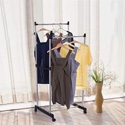 Pentaero 80X42X155Cm Stainless Steel Double Pole Adjustable Rolling Coat Rack, Garment Drying Rack, Floor-Standing Simple Clothes Pole, Indoor Clothes Hanger Bedroom Coat Rack (Black)