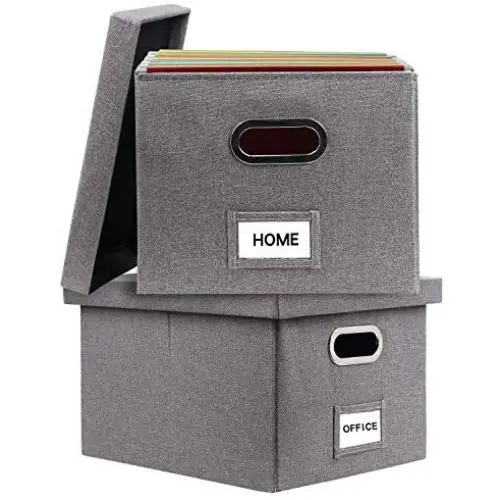 InStorages Collapsible File Boxes Storage Organizer with Lid，Decorative Linen Filing and Letter/Legal Storage Bins Grey(2 Pack)