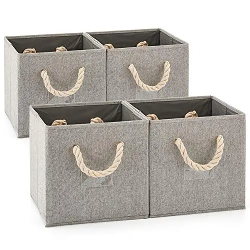 Set of 4 EZOWare Foldable Bamboo Fabric Storage Bin with Cotton Rope Handle, Collapsible Resistant Basket Boxes Organizer for Shelves, Closet, and More ? (10.5x11x10.5 inch) (Gray/Gray)