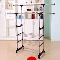 Hommoo Clothing Hanger Garment Rack Dual Rod Adjustable Garment Rack with 3 Tiers Shoe Rack,Rolling Clothes Organizer Hanger on Wheels,Black