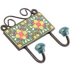 Indianshelf Handmade 1 Artistic Vintage Green Ceramic Floral Wall Tile Hooks Hangers/Key Hooks for Clothes