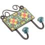 Indianshelf Handmade 1 Artistic Vintage Green Ceramic Floral Wall Tile Hooks Hangers/Key Hooks for Clothes