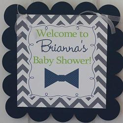 Mustache Bowtie or Necktie Chevron Polka Dot Baby Shower Door Sign Hanger - Lime Green, Navy & Grey - Favor Tags, Banners, Cupcake Toppers etc.