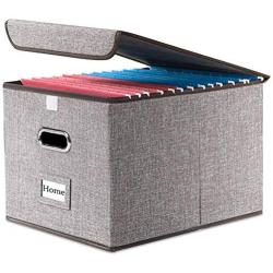 Prandom File Organizer Boxes - Set of 1 Collapsible Decorative Linen Filing Storage Hanging File Folders with Lids Office Cabinet Letter Size (15x12.2x10.75 inch)