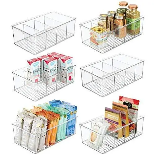 mDesign Plastic Food Storage Organizer Bin Boxes - 4 Divided Sections - Holder for Seasoning Packets, Pouches, Soups, Spices, Snacks for Kitchen, Pantry, Cabinet, Refrigerator - 6 Pack - Clear