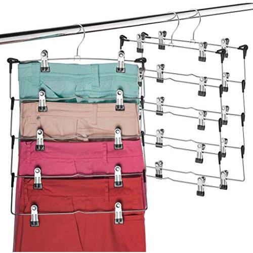 Space Saving 5 Tier Metal Skirt Hanger with Clips (3 Pack) Hang 5-on-1, Gain 70% More Space, Rubber Coated Hanger Clips, 360 Swivel Hook, Adjustable Clips Pants Hanger, Hang Slack,Trouser,Jeans,Towels