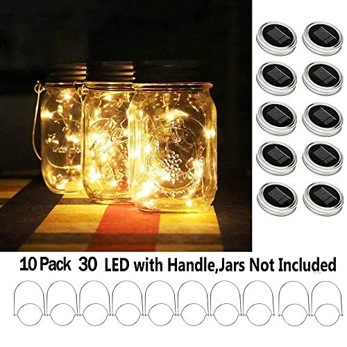 Shelley Solar Mason Jar Lid Lights,10 Pack 30 LEDs(Hanger Included) String Fairy Lights Solar Laterns Table Lights,Great Outdoor Lawn Decor for Patio Garden, Yard(No Jars) (Warm White)